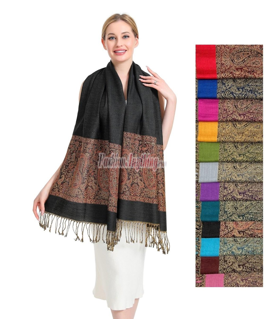 (image for) Metallic Paisley Border Pashmina (12 COLORS, 1DZ)