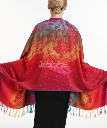 (image for) Rainbow Peacock Feather Pashmina Red