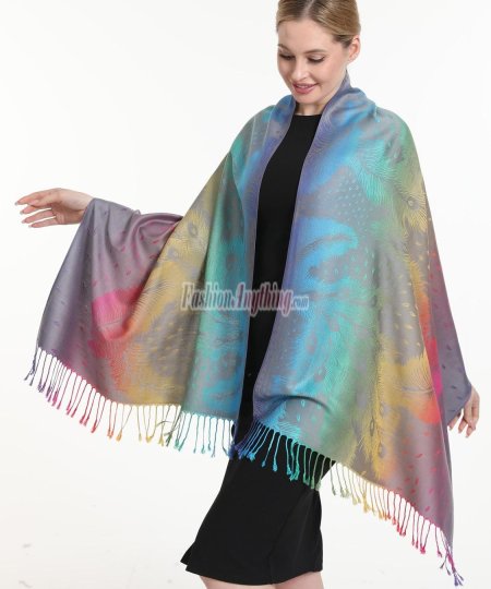 (image for) Rainbow Peacock Feather Pashmina Grey