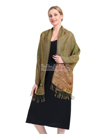 (image for) Paisley Patterned Pashmina Olive Green