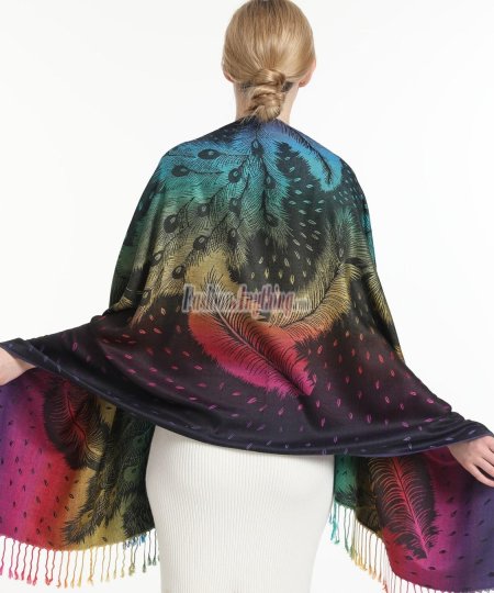 (image for) Rainbow Peacock Feather Pashmina Black