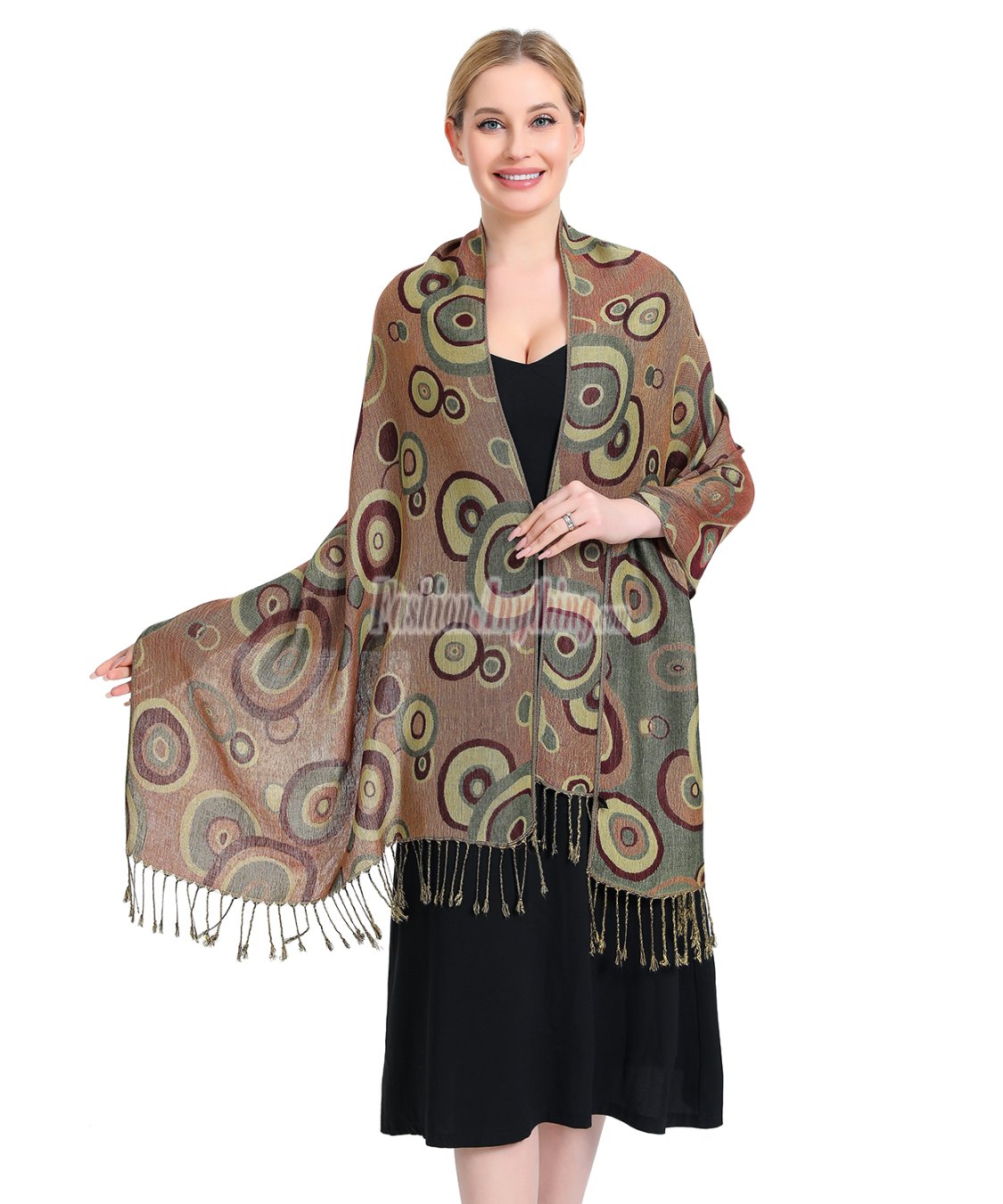 (image for) Multi-Colored Circle Pattern Pashmina Pea Green