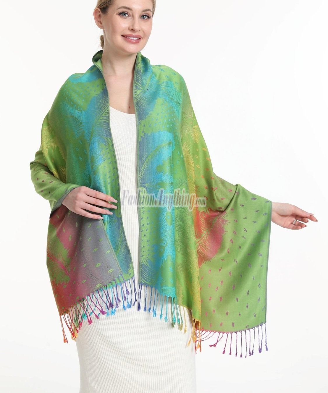 (image for) Rainbow Peacock Feather Pashmina Green