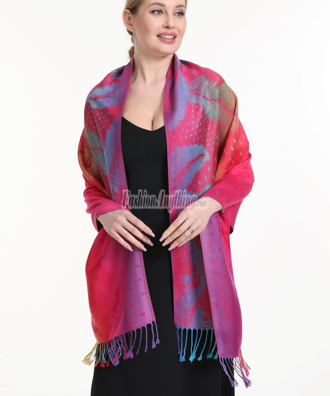 (image for) Rainbow Peacock Feather Pashmina Fuchsia