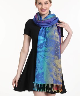 (image for) Rainbow Peacock Feather Pashmina Royal Blue