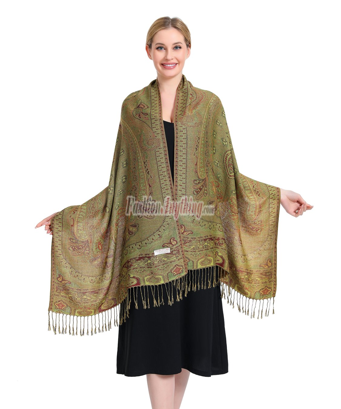 (image for) Paisley Patterned Pashmina Olive Green