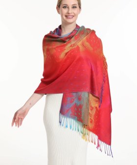 (image for) Rainbow Peacock Feather Pashmina Red