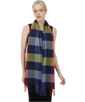 (image for) Cashmere Feel Large Checker Scarf Orange/Navy/Blue/Yellow