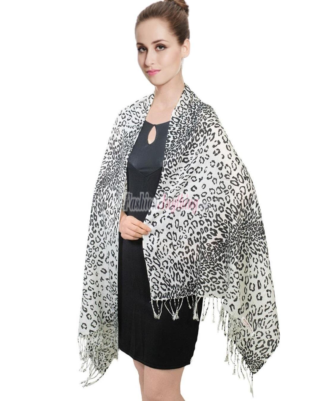 (image for) Leopard Print Pashmina Shawl BK/WT